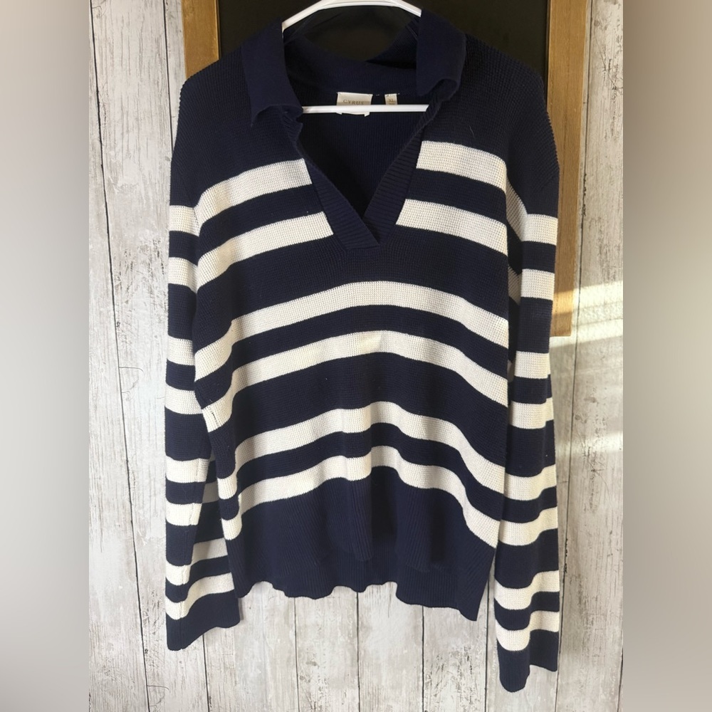 Cyrus Navy Long Sleeve Johnny Collar Pullover Sweater V Neck Rayon Women XL 678